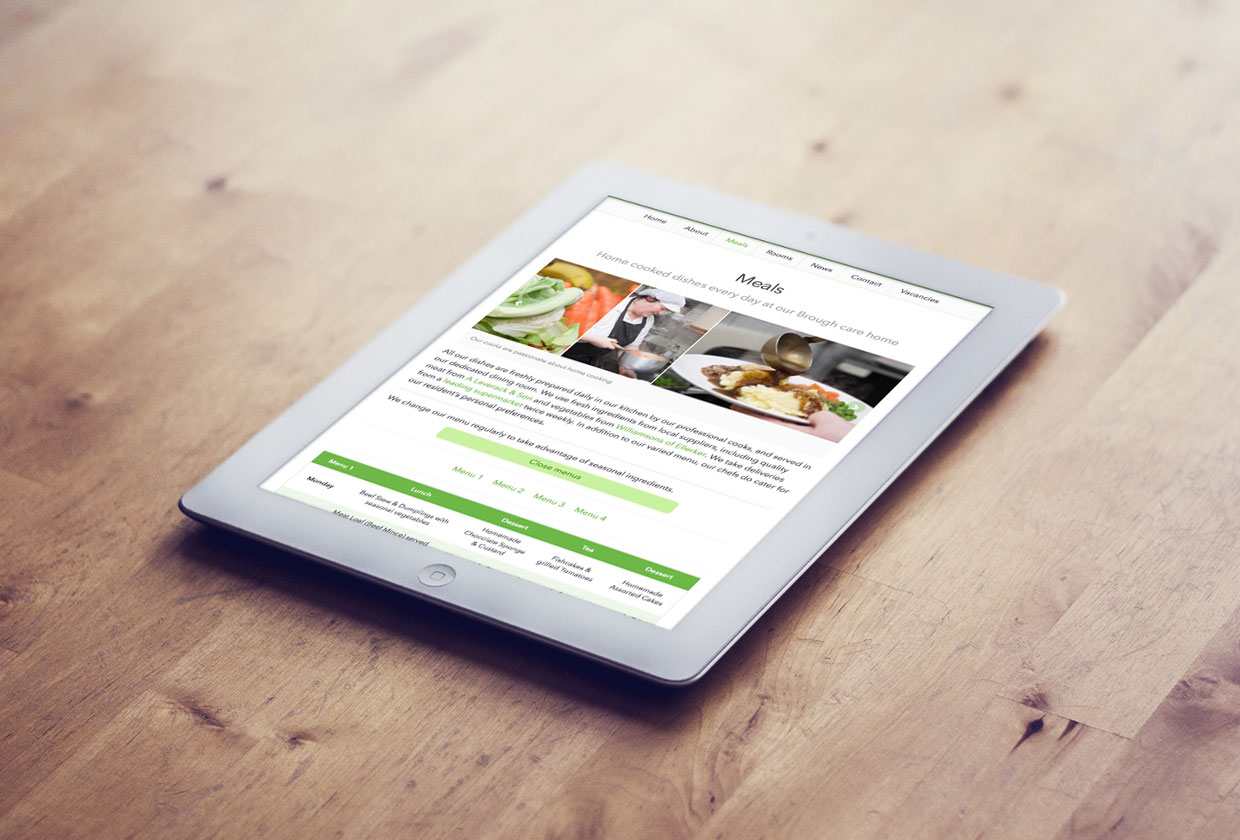 Green care home website on an ipad in portrait orientation
